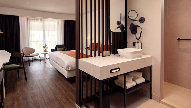 Badkamer Comfort kamer Hotel Breukelen wastafel wasbak handdoek zeepjes spiegel toilet